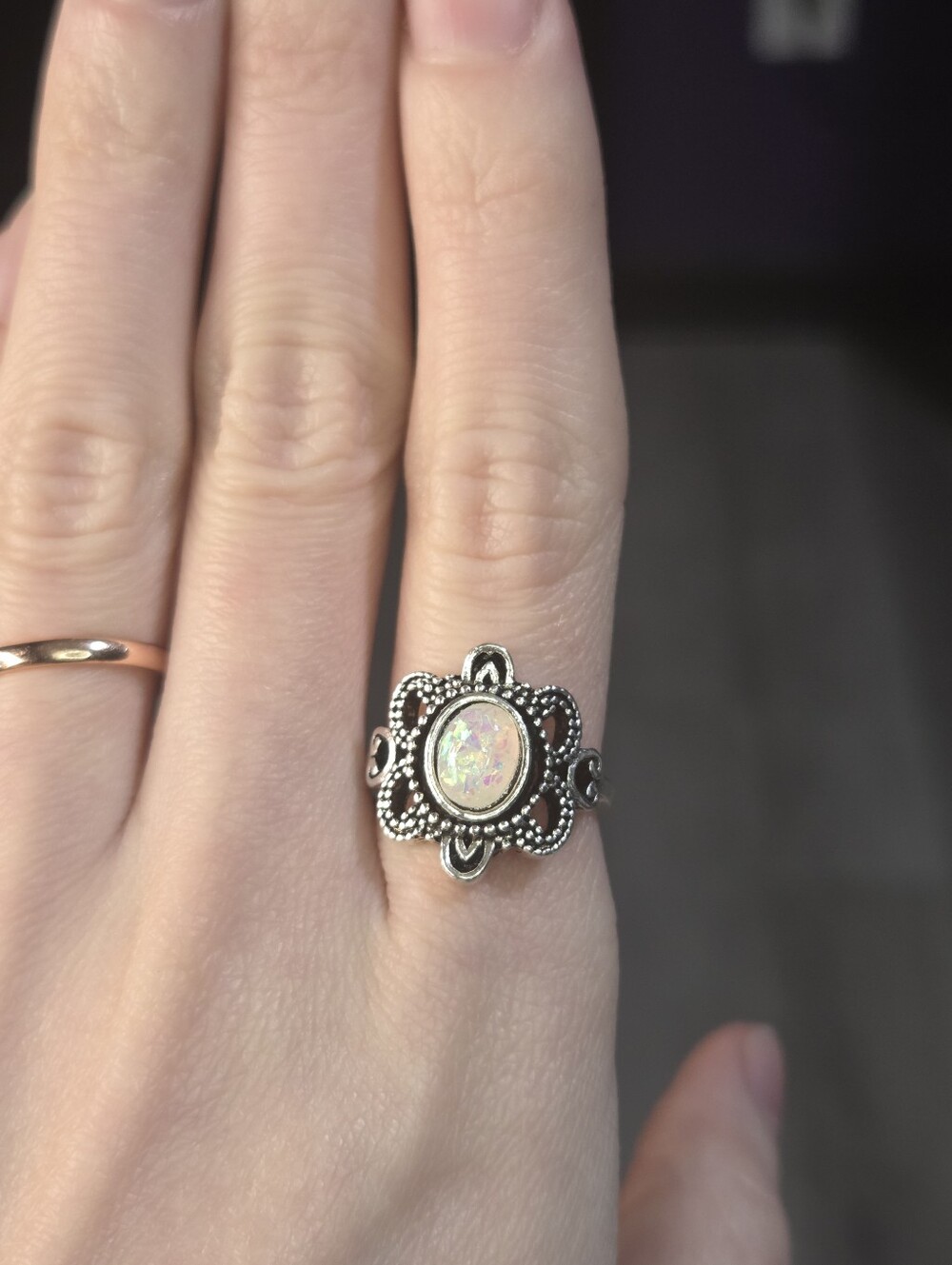 Vintage Style Silver Tone Faux White Opal Cabochon Ring Size 5.75 Resin Fashion
